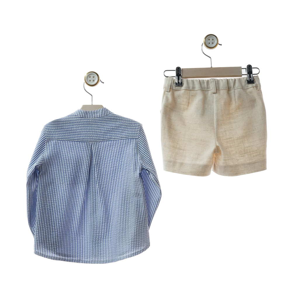 Conjunto Menino Camisa às Riscas + Calção Bege- Yoedu