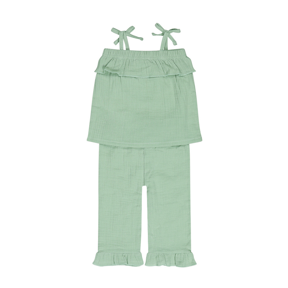 Conjunto 2 Peças Verde Menta – Top com Alças de Laço + Calças com Folho -Dirkje