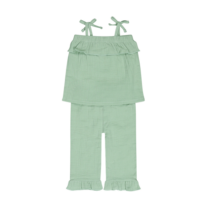 Conjunto 2 Peças Verde Menta – Top com Alças de Laço + Calças com Folho -Dirkje