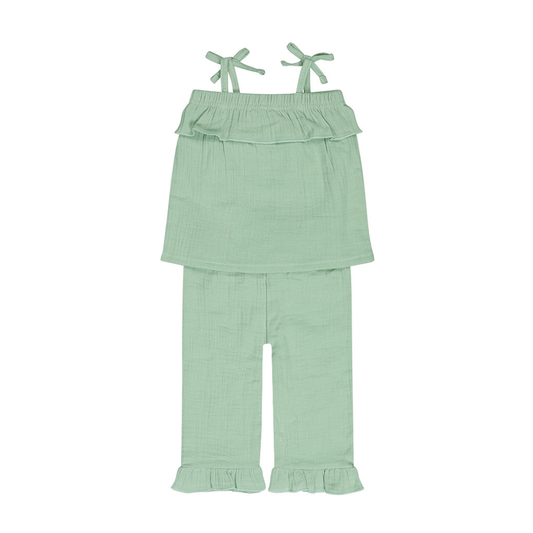 Conjunto 2 Peças Verde Menta – Top com Alças de Laço + Calças com Folho -Dirkje