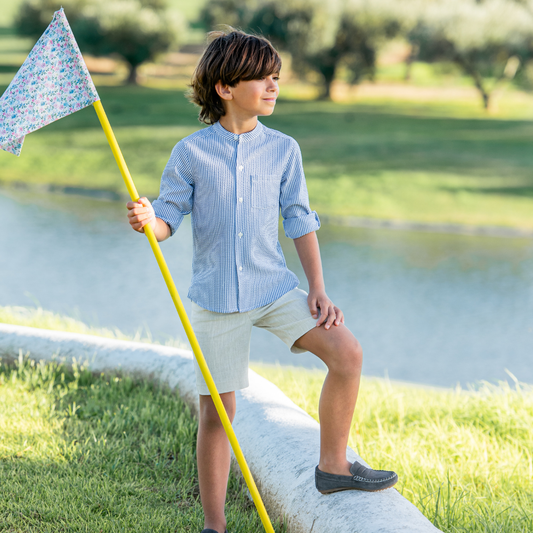 Conjunto Menino Camisa às Riscas + Calção Bege- Yoedu