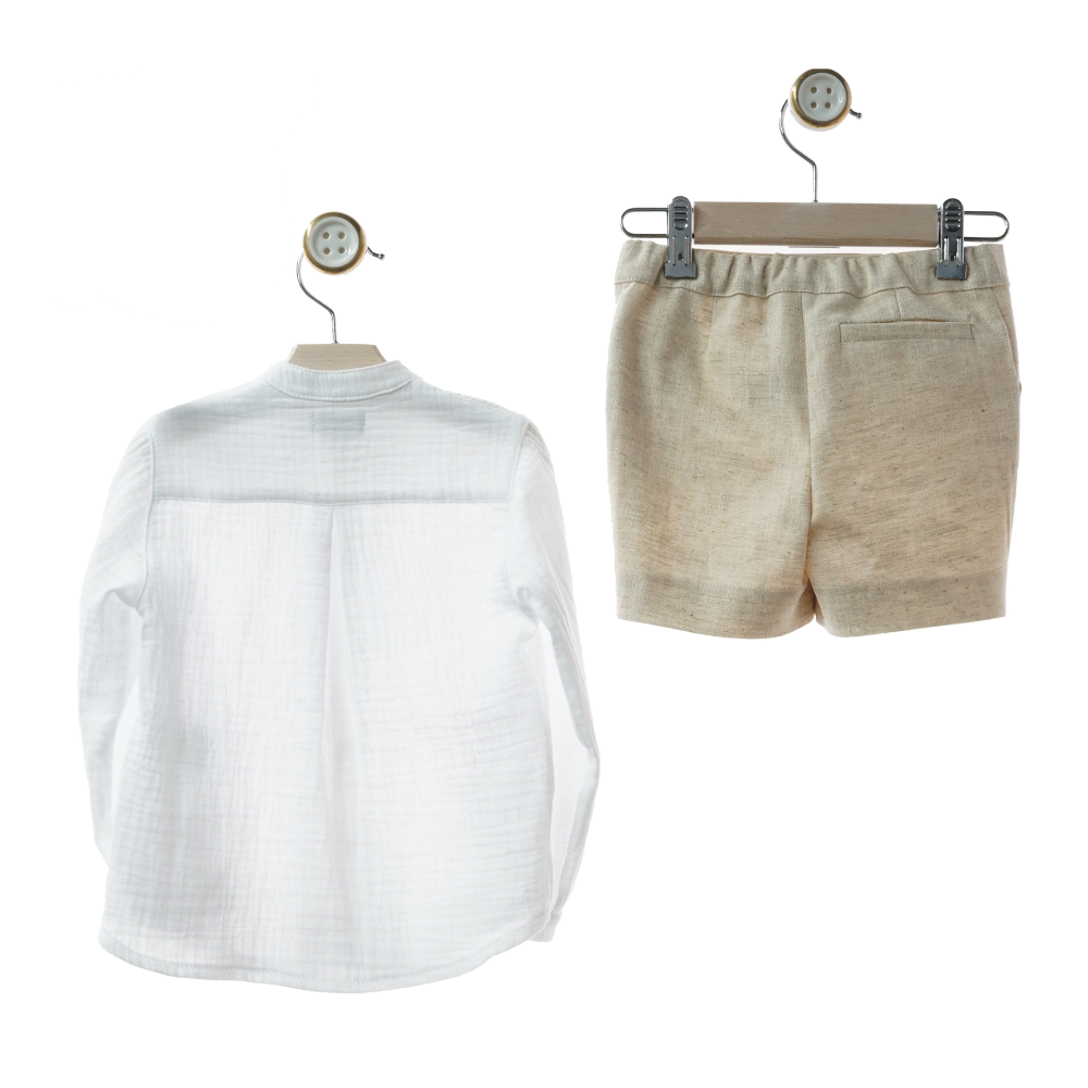 Conjunto Menino Linho – Camisa Branca + Calção Bege - Yoedu