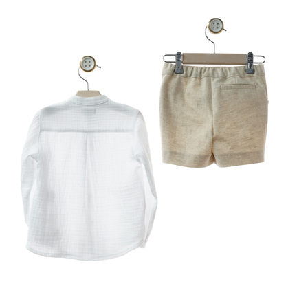 Conjunto Menino Linho – Camisa Branca + Calção Bege - Yoedu