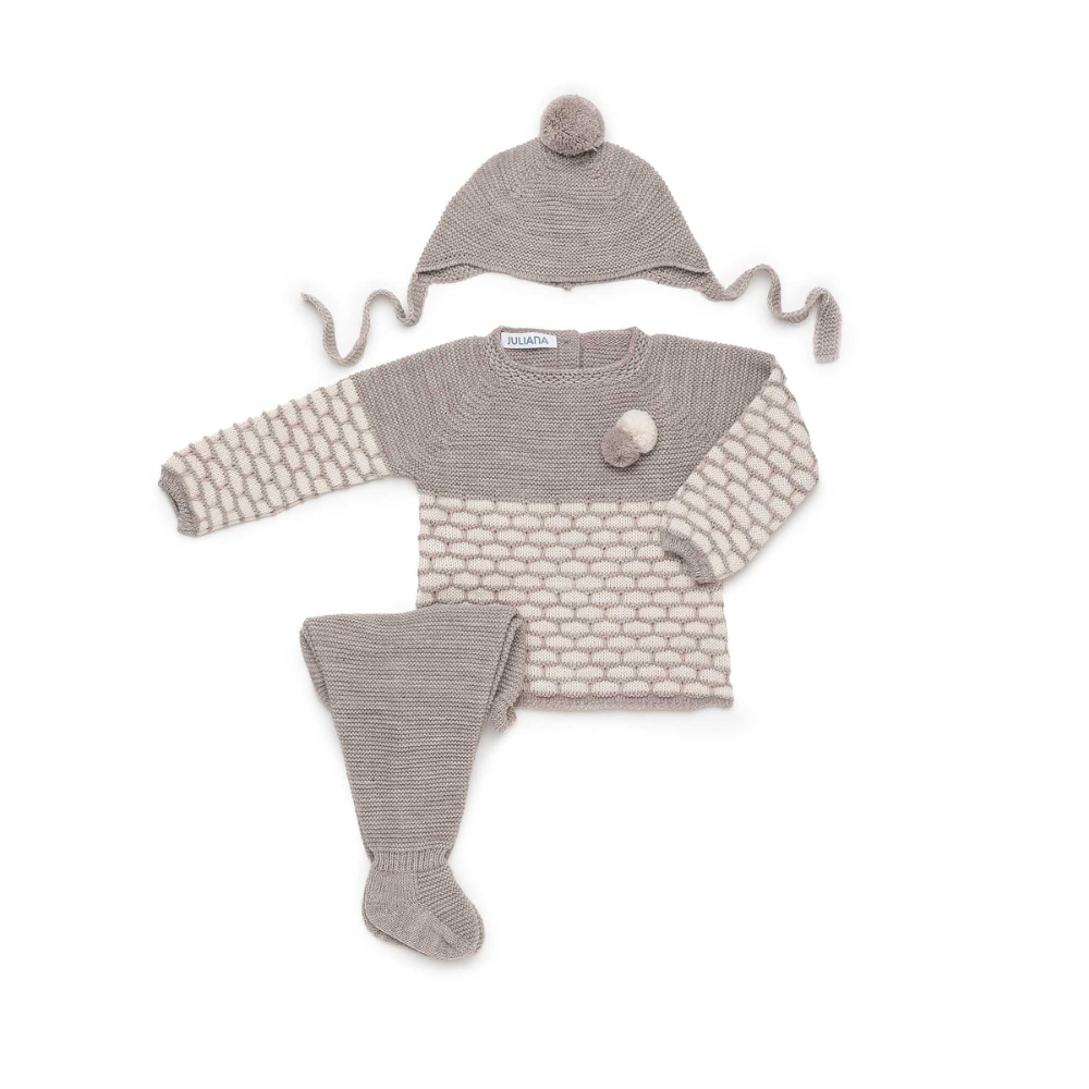 Conjunto de Bebé em Malha Taupe e Creme com Gorro - Juliana