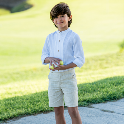 Conjunto Menino Linho – Camisa Branca + Calção Bege - Yoedu