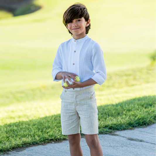Conjunto Menino Linho – Camisa Branca + Calção Bege - Yoedu