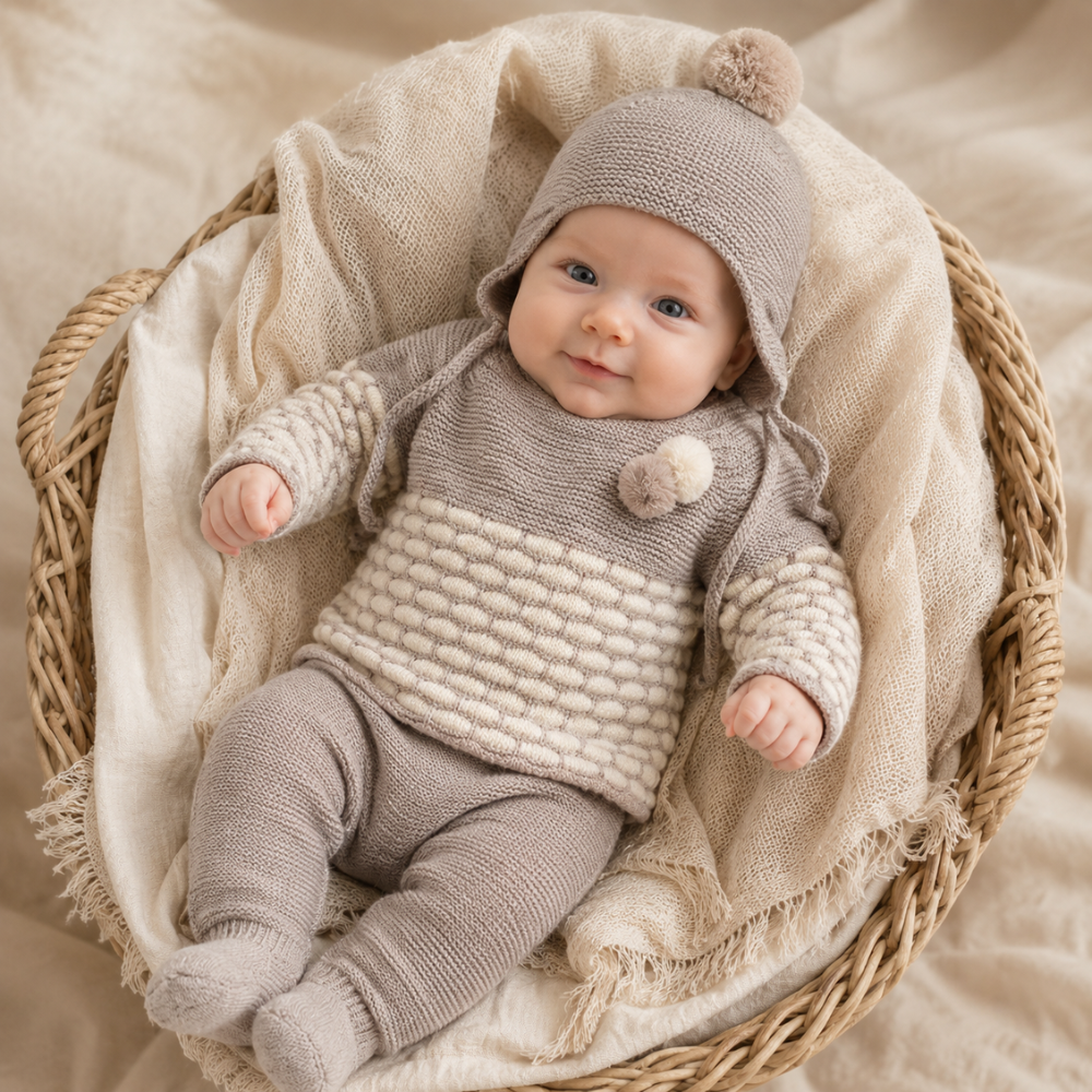 Conjunto de Bebé em Malha Taupe e Creme com Gorro - Juliana