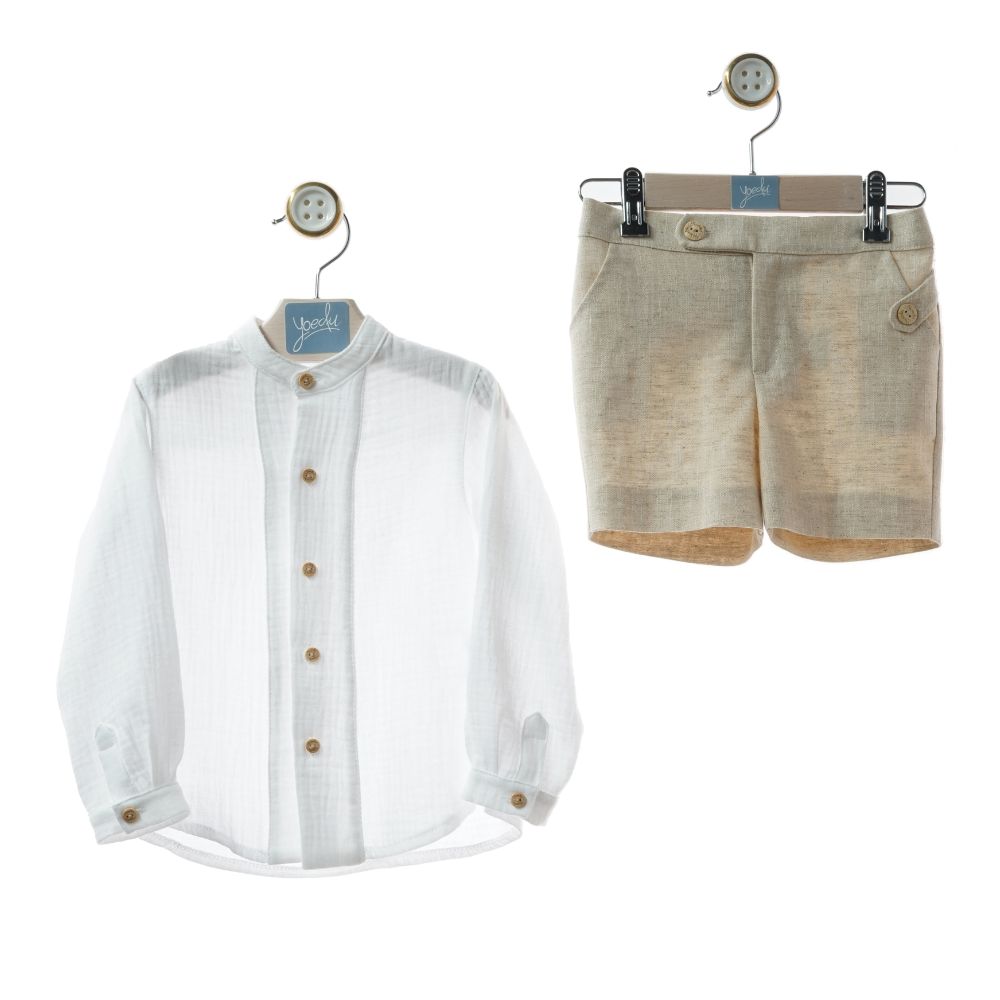 Conjunto Menino Linho – Camisa Branca + Calção Bege - Yoedu