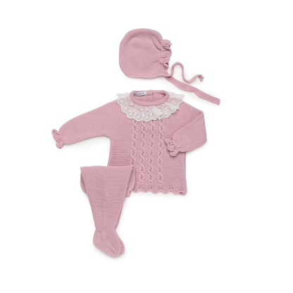 Conjunto de Malha Rosa com Renda e Touca para Bebé - Juliana