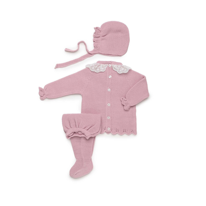 Conjunto de Malha Rosa com Renda e Touca para Bebé - Juliana