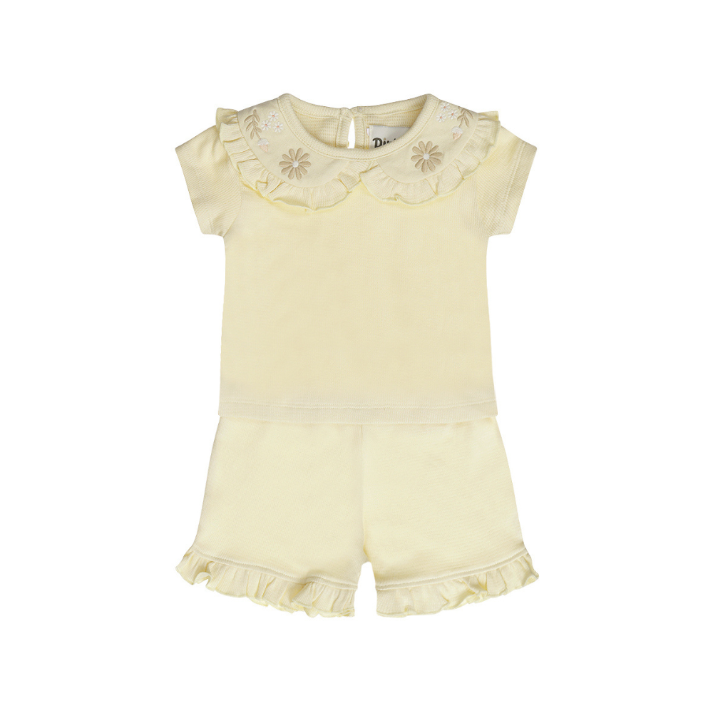 Conjunto Menina Bege | T-shirt com Gola Bordada e Calções com Folho - Dirkje