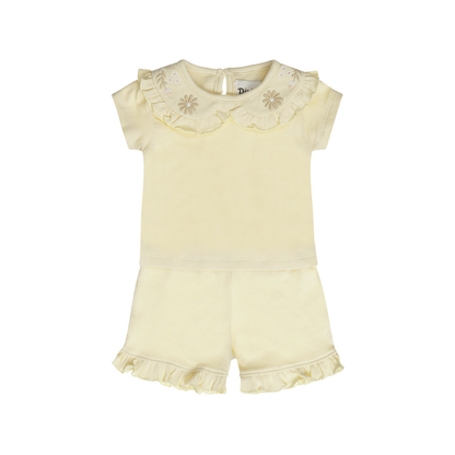 Conjunto Menina Bege | T-shirt com Gola Bordada e Calções com Folho - Dirkje