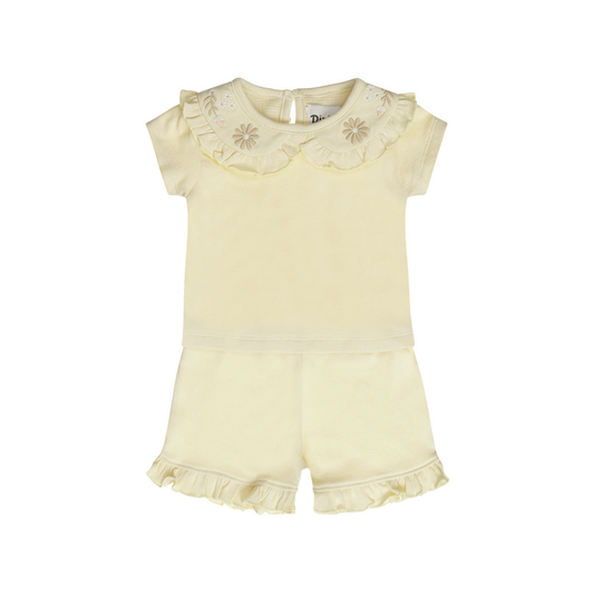 Conjunto Menina Bege | T-shirt com Gola Bordada e Calções com Folho - Dirkje