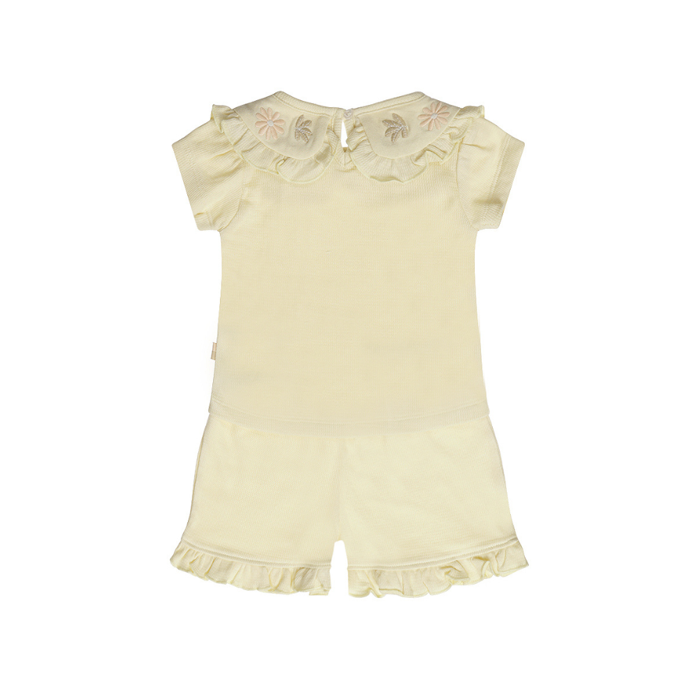 Conjunto Menina Bege | T-shirt com Gola Bordada e Calções com Folho - Dirkje