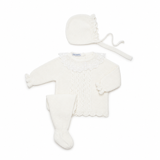 Conjunto de Malha com Renda e Touca para Bebé - Juliana