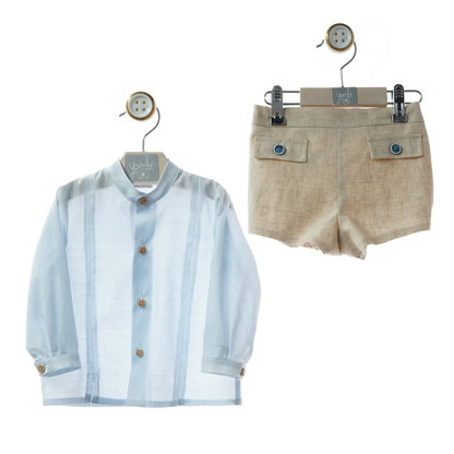 Conjunto Menino – Camisa Riscas Azul Claro + Calção Linho Bege com Botões - Yoedu