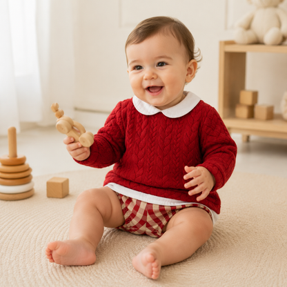 Conjunto Bebé com Camisola Vermelha e Calções Xadrez - Yoedu
