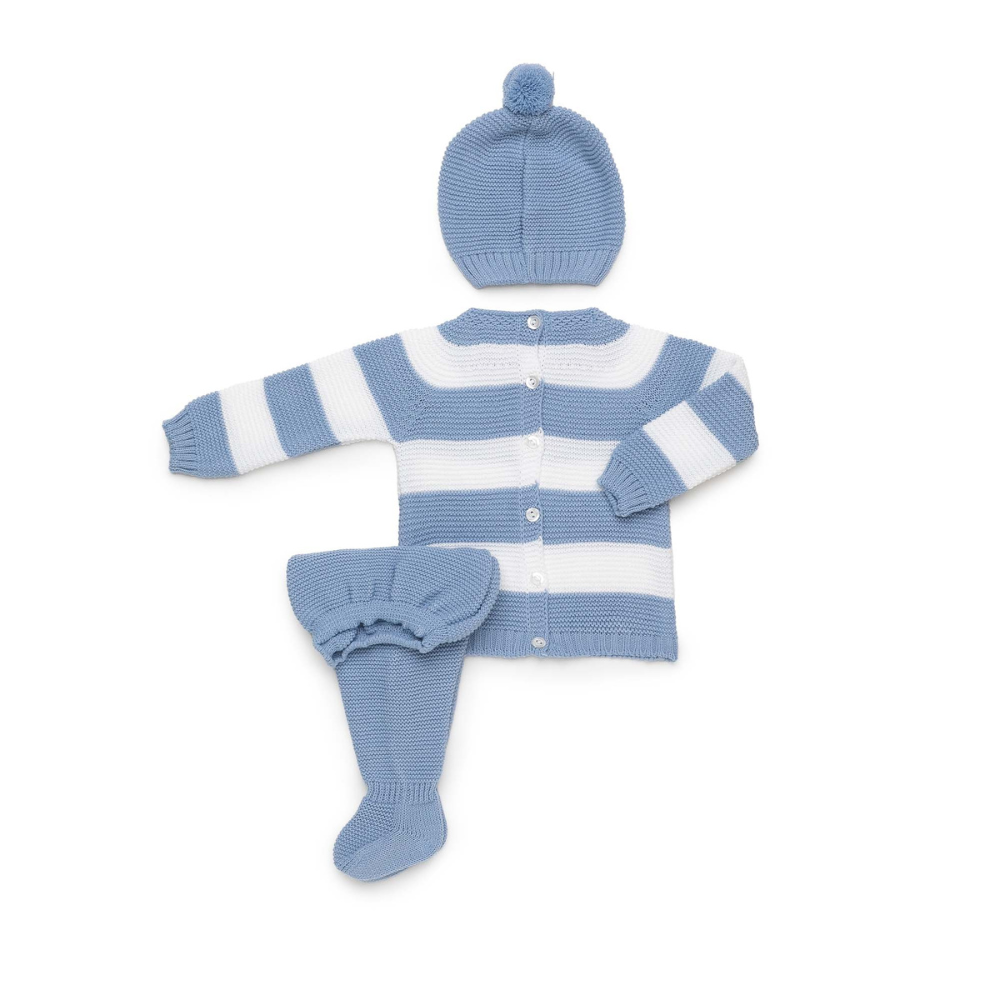 Conjunto de Malha Azul e Branco com Gorro para Bebé- Juliana