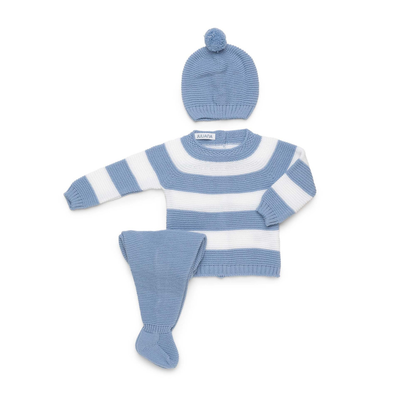 Conjunto de Malha Azul e Branco com Gorro para Bebé- Juliana