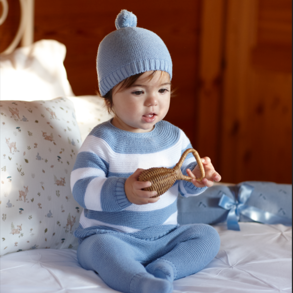 Conjunto de Malha Azul e Branco com Gorro para Bebé- Juliana