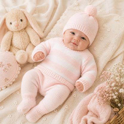 Conjunto de Malha para Bebé Rosa e Branco - Juliana