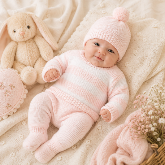 Conjunto de Malha para Bebé Rosa e Branco - Juliana