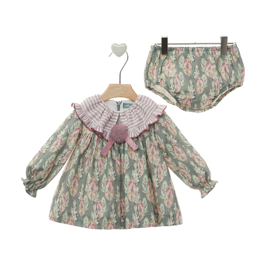 Vestido Bebé Verde Floral com Tapa-Fraldas e Gola Folho - Marta Y Paula