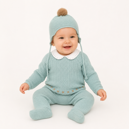Conjunto de Malha para Bebé Verde-Água com Gola – 3 Peças- Juliana
