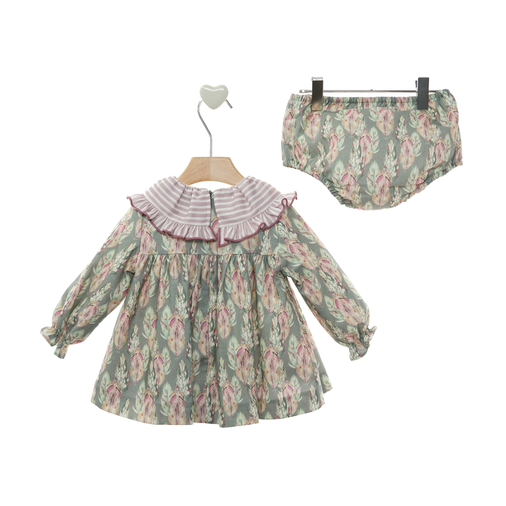 Vestido Bebé Verde Floral com Tapa-Fraldas e Gola Folho - Marta Y Paula