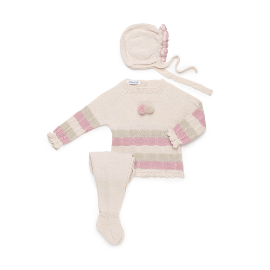 Conjunto de Malha para Bebé Cru e Rosa com Touca – Juliana