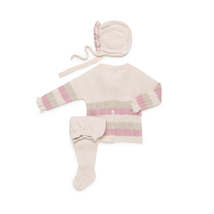 Conjunto de Malha para Bebé Cru e Rosa com Touca – Juliana