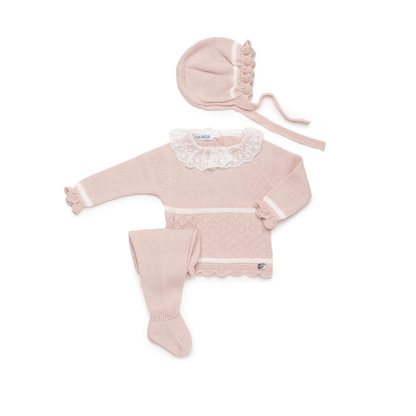 Conjunto de Malha Rosa para Bebé com Camisola e Touca – Juliana