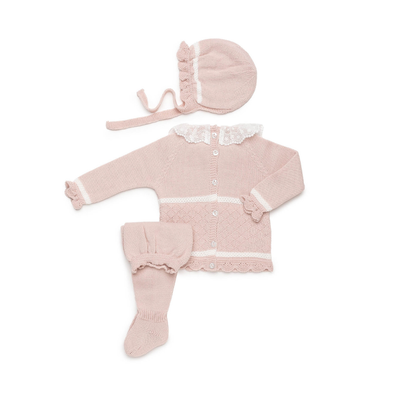 Conjunto de Malha Rosa para Bebé com Camisola e Touca – Juliana