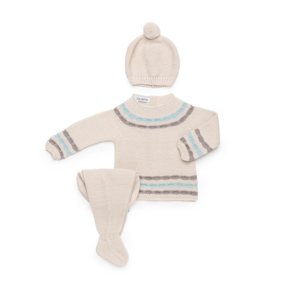 Conjunto de Malha para Bebé Cru com Riscas Azuis – Juliana