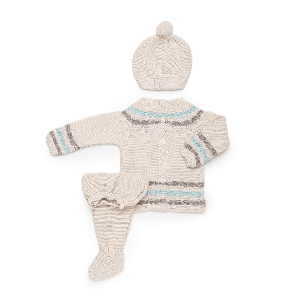 Conjunto de Malha para Bebé Cru com Riscas Azuis – Juliana