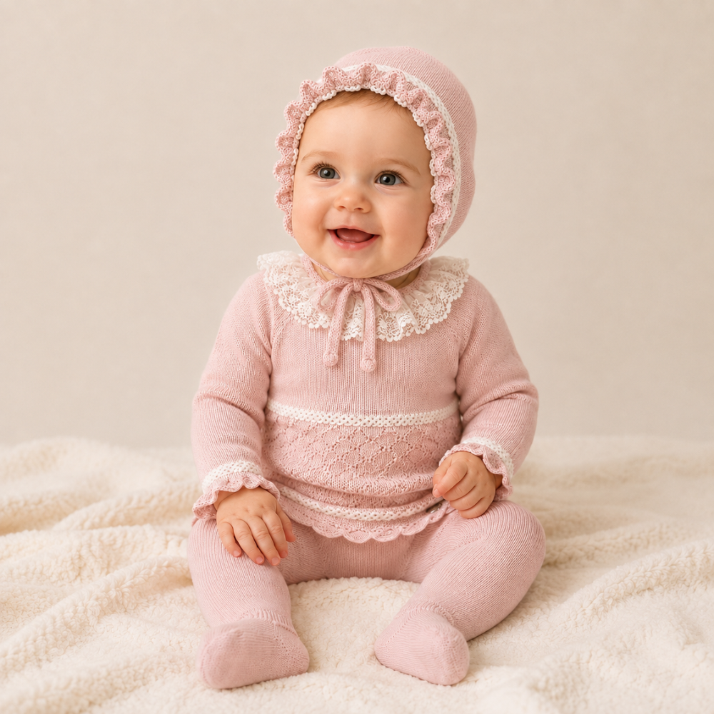 Conjunto de Malha Rosa para Bebé com Camisola e Touca – Juliana