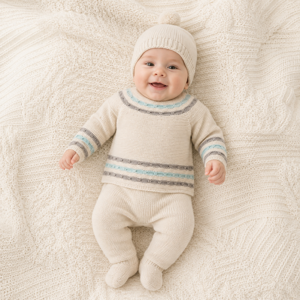 Conjunto de Malha para Bebé Cru com Riscas Azuis – Juliana