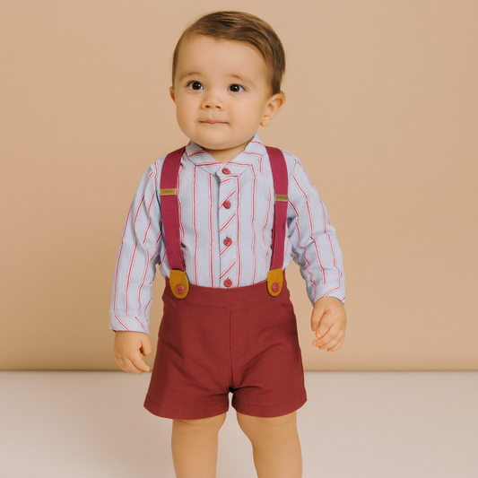 Conjunto bebé menino riscas com calções e suspensórios -Marta y Paula