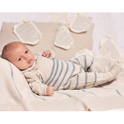 Conjunto bebé menino de malha bege com jardineiras às riscas - Juliana