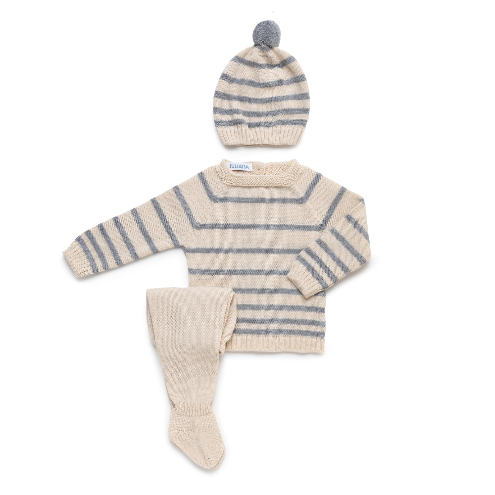 Conjunto malha bege às riscas com gorro e calças - Juliana