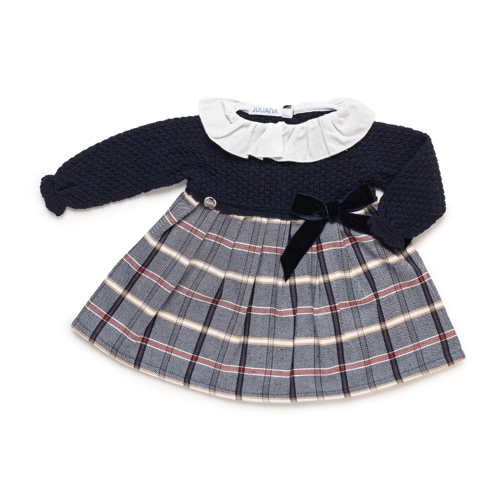 Vestido menina azul marinho com saia xadrez e laço