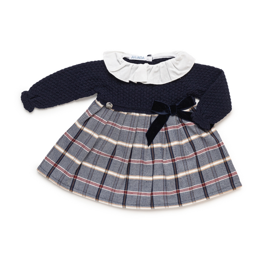 Vestido menina azul marinho com saia xadrez e laço