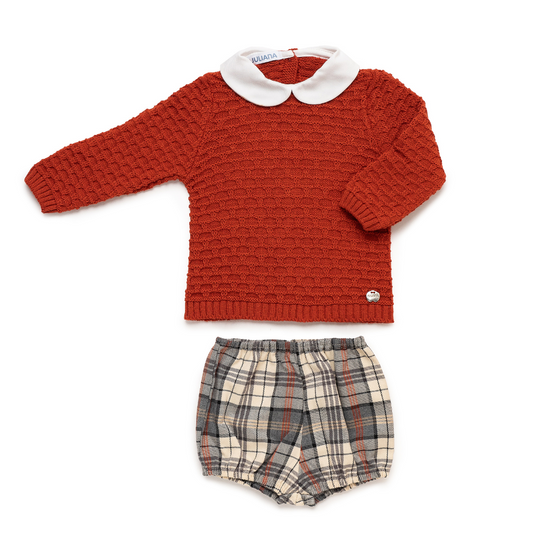 Conjunto bebé menino camisola em malha tijolo com gola e calções xadrez - Juliana
