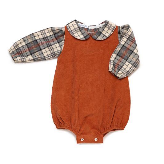 Fofo bebé em bombazine tijolo com gola e mangas xadrez - Juliana