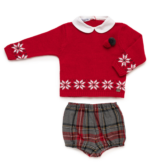 Conjunto de bebé camisola vermelha com estrelas de neve e calções xadrez - Juliana