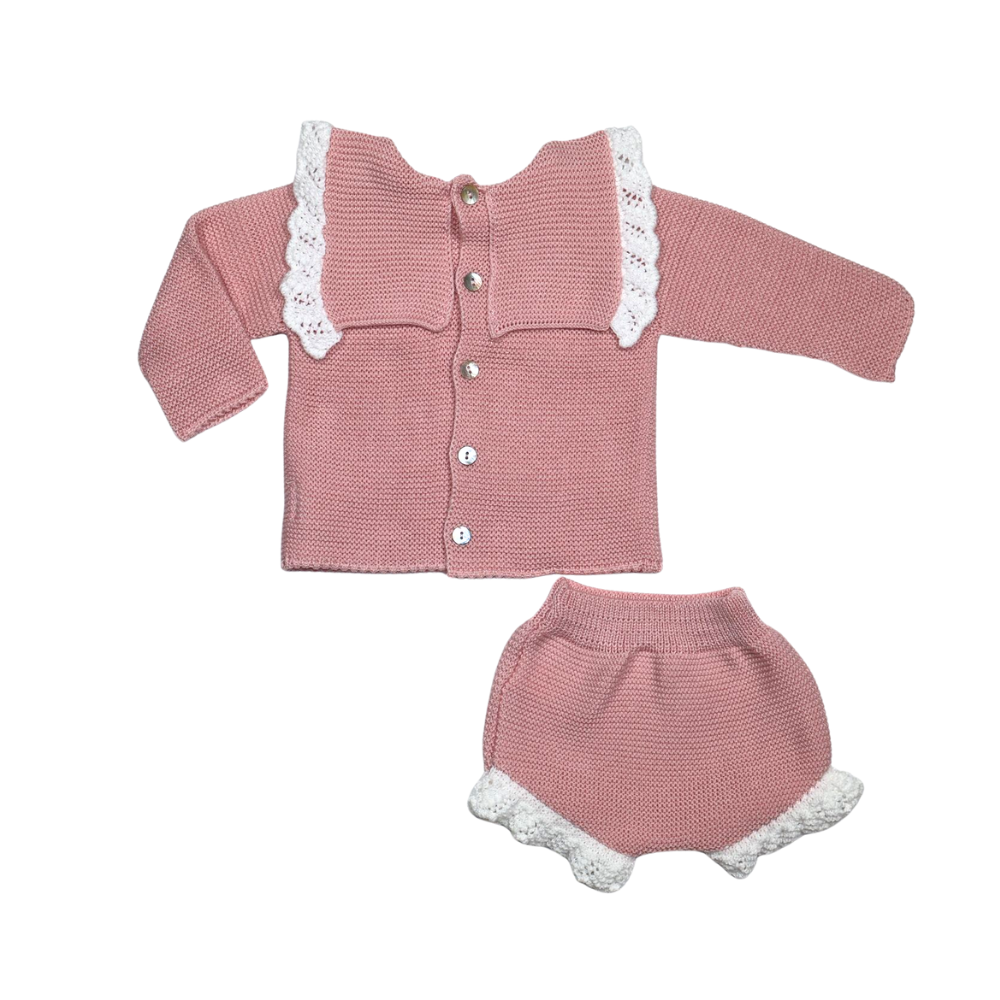 Conjunto de malha rosa com casaco e tapa-fraldas com renda branca - Sigar