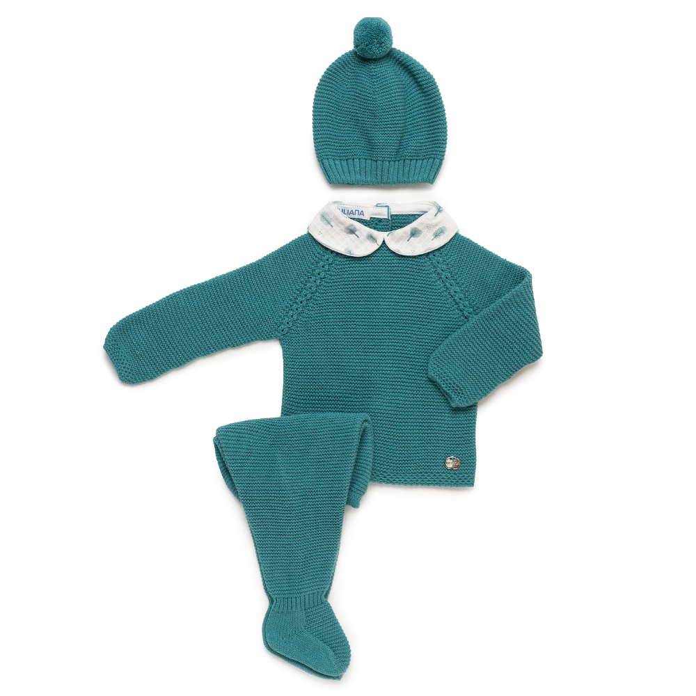 Conjunto malha com gola, calças e gorro para bebé - Juliana