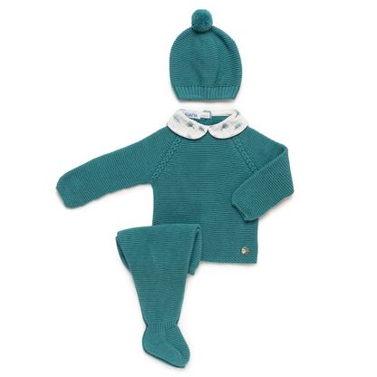 Conjunto malha com gola, calças e gorro para bebé - Juliana