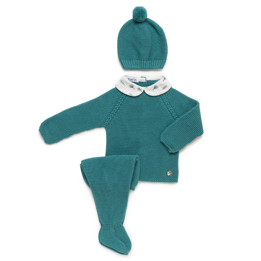 Conjunto malha com gola, calças e gorro para bebé - Juliana