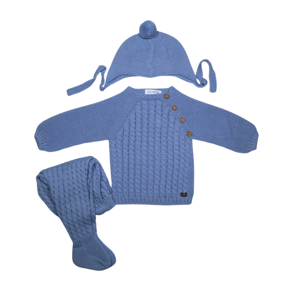 Conjunto bebé malha azul com gorro e calças - Juliana